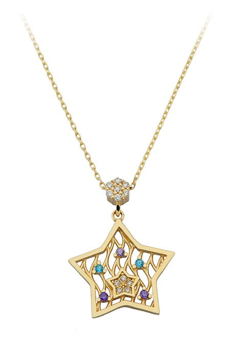 Collar de estrella de piedras preciosas de colores de oro macizo | 14K (585) | 2,12 gramos