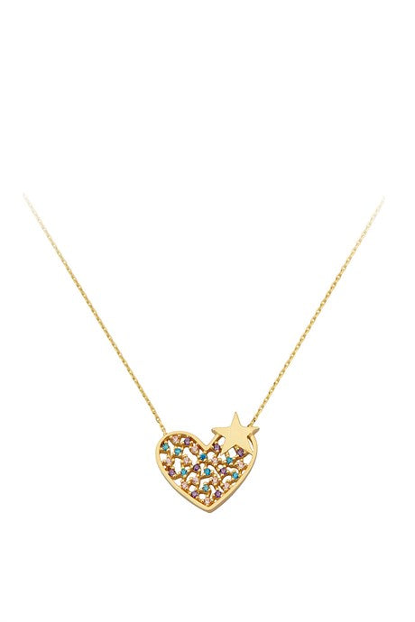 Collar de corazón de estrella de piedras preciosas de colores de oro macizo | 14K (585) | 2,40 gramos