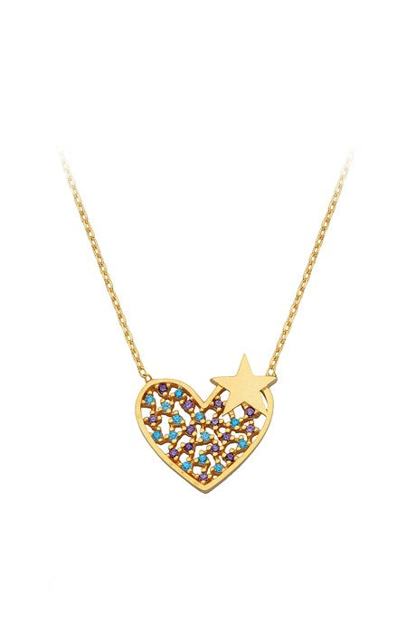 Solid Gold Colorful Gemstone Star Heart Necklace | 14K (585) | 2.35 gr