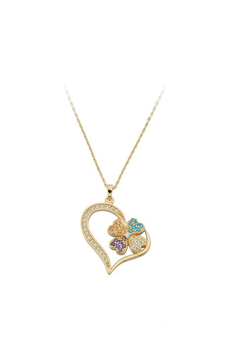 Solid Gold Colorful Gemstone Clover Heart Necklace | 14K (585) | 2.69 gr