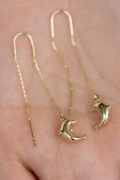 Solid Gold Dangle Dolphin Earring | 14K (585) | 1.75 gr