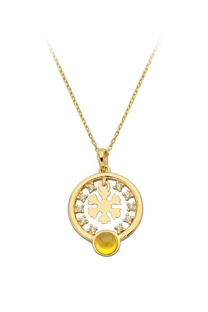 Solid Gold Yellow Gemstone Snowflake Circle Necklace | 14K (585) | 2.30 gr