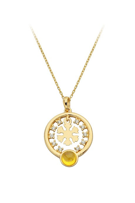 Collar de círculo de copo de nieve de piedras preciosas amarillas de oro macizo | 14K (585) | 2,30 gramos