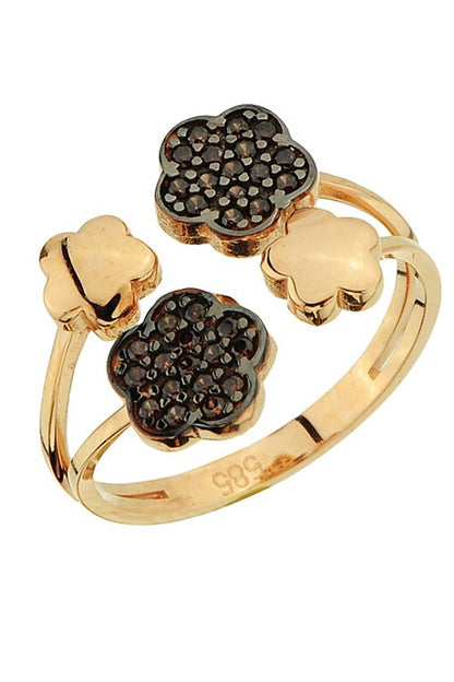 Solid Gold Black Gemstone Flower Ring | 14K (585) | 3.25 gr | Adjustable Ring