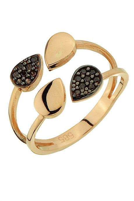 Solid Gold Black Gemstone Drop Design Ring | 14K (585) | 2.54 gr | Adjustable Ring