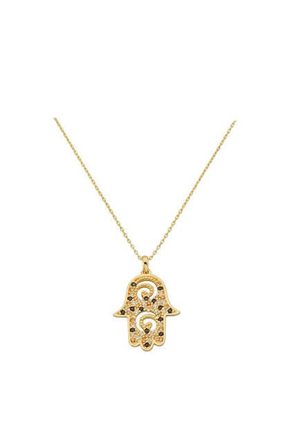 Collier main de Fatima (Hamsa) en or massif avec pierres précieuses noires | 14K (585) | 2,64 grammes