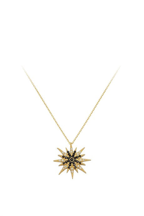 Collier soleil en or massif avec pierres précieuses noires | 14K (585) | 2,26 grammes