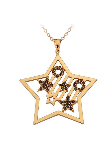 Solid Gold Black Gemstone Star With Figure Necklace | 14K (585) | 4.36 gr