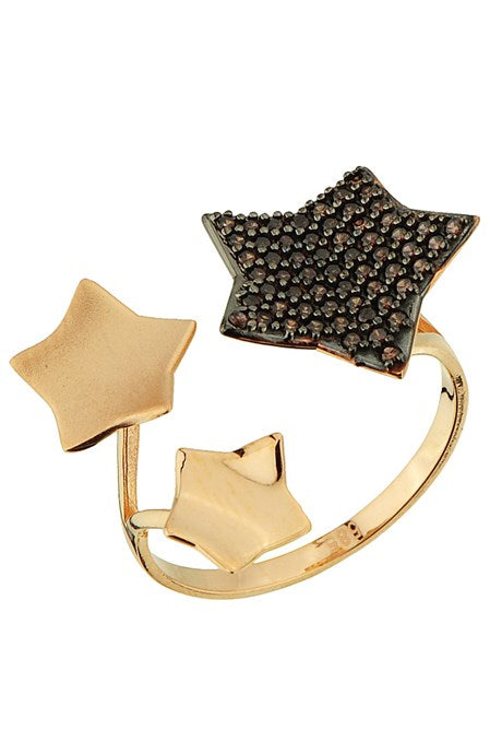 Bague étoile en or massif avec pierres précieuses noires | 14K (585) | 3,26 grammes | Anneau réglable