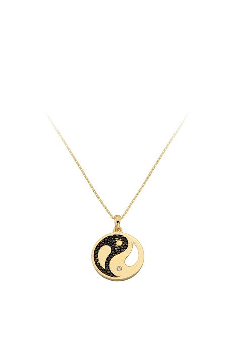 Collier Yin Yang en or massif avec pierres précieuses noires | 14K (585) | 2,30 gr