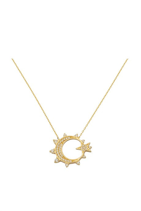 Solid Gold Gemstone Moon Star Necklace | 14K (585) | 2.75 gr