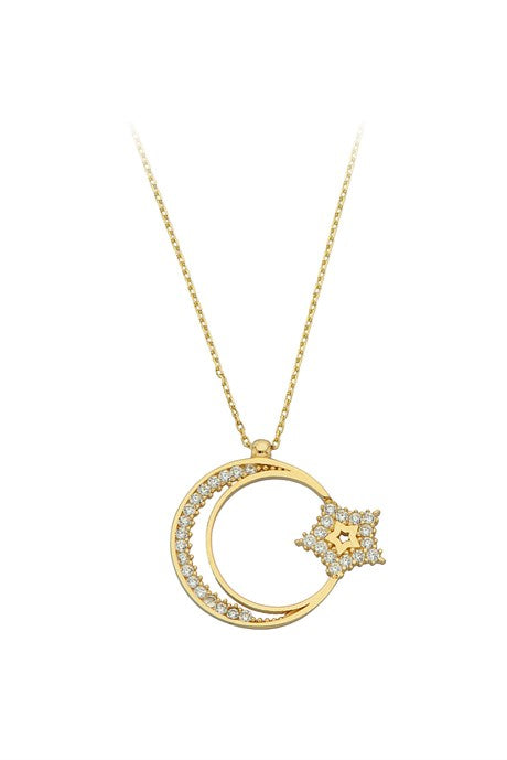 Collar de estrella de luna con piedras preciosas de oro macizo | 14K (585) | 2,21 gramos