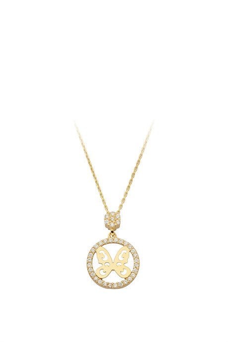 Solid Gold Gemstone Circle Butterfly Necklace | 14K (585) | 2.02 gr