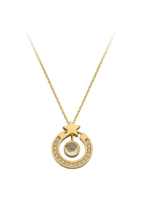 Collier étoile de cercle de pierres précieuses en or massif | 14K (585) | 2,15 grammes