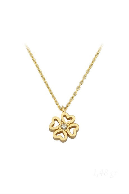 Solid Gold Gemstone Heart Detail Clover Necklace | 14K (585) | 1.48 gr