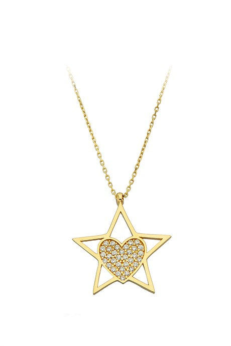 Collar de estrella de corazón de piedras preciosas de oro macizo | 14K (585) | 2,33 gramos