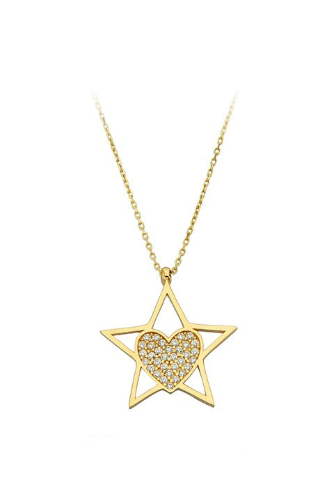 Solid Gold Gemstone Heart Star Necklace | 14K (585) | 2.33 gr