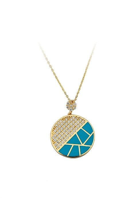 Solid Gold Gemstone Enamel Circle Necklace | 14K (585) | 3.23 gr