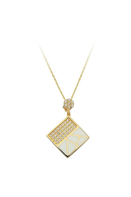 Solid Gold Gemstone Enamel Square Necklace | 14K (585) | 2.48 gr