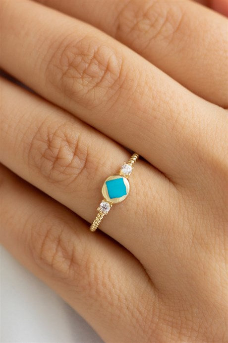 Bague émaillée de pierres précieuses en or massif | 14K (585) | 1,58 g