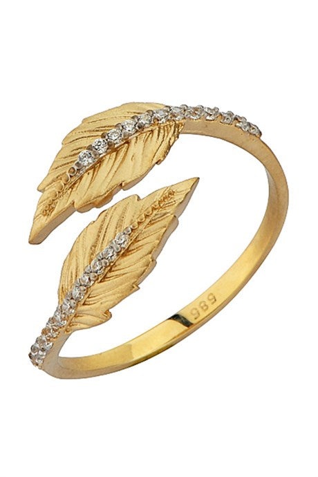 Solid Gold Gemstone Leaf Ring | 14K (585) | 1.76 gr | Adjustable Ring