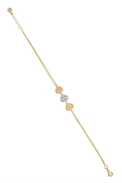 Pulsera de corazón de tres colores de oro macizo | 14K (585) | 2,68 gramos