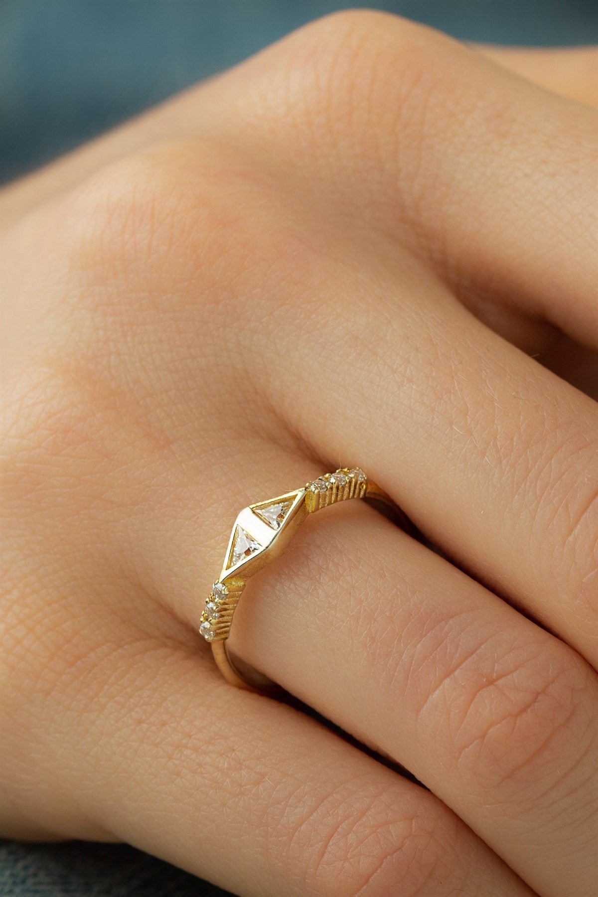 Solid Gold Triangle Gemstone Design Ring