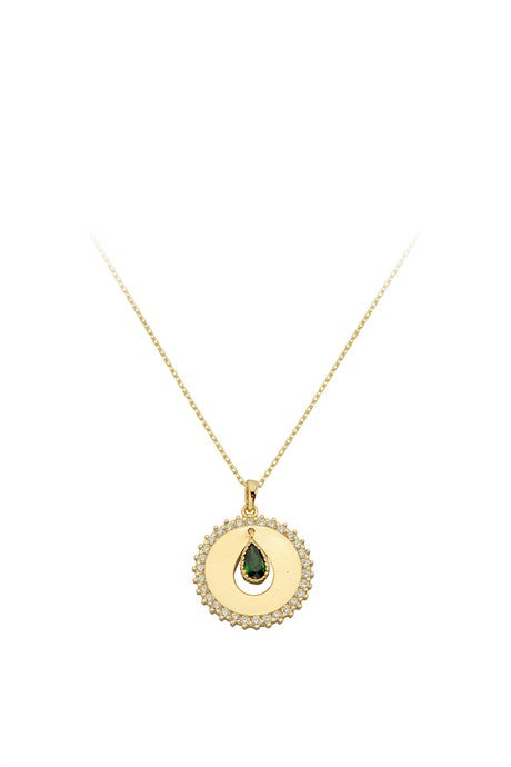 Solid Gold Green Drop Gemstone Circle Necklace | 14K (585) | 2.26 gr