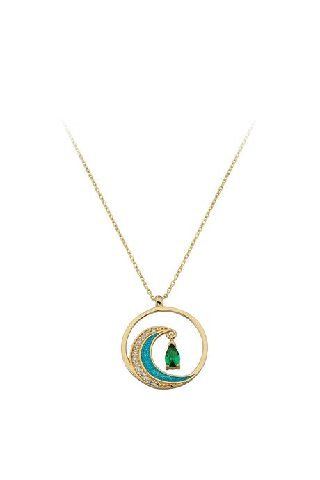 Collar de luna con círculo de piedras preciosas verdes de oro macizo | 14K (585) | 2,24 gramos