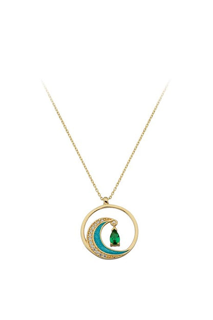 Solid Gold Green Gemstone Circle Moon Necklace | 14K (585) | 2.24 gr