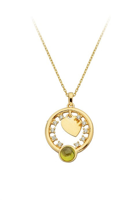 Solid Gold Green Gemstone Circle Heart Necklace | 14K (585) | 2.35 gr
