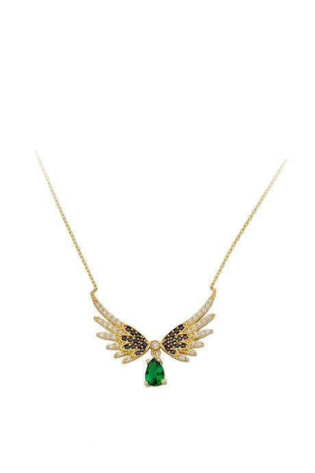 Solid Gold Green Gemstone Winged Drop Necklace | 14K (585) | 2.82 gr