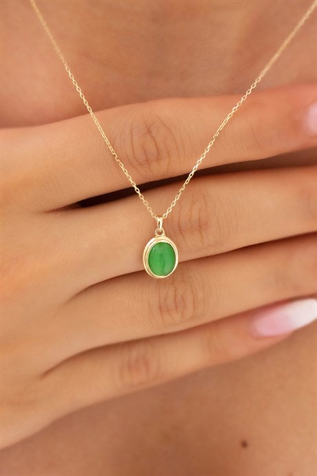 Solid Gold Green Gemstone Necklace | 14K (585) | 2.57 gr