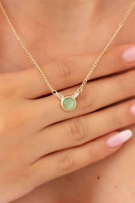Solid Gold Green Gemstone Design Necklace | 14K (585) | 4.41 gr