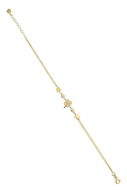 Solid Gold Star Detail Clover Bracelet | 14K (585) | 2.84 gr