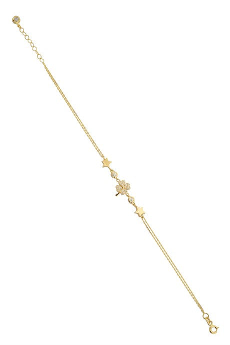 Solid Gold Star Detail Clover Bracelet | 14K (585) | 2.84 gr