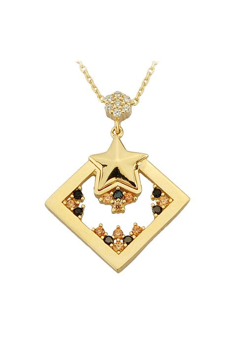 Solid Gold Star With Figure Square Necklace | 14K (585) | 2.57 gr