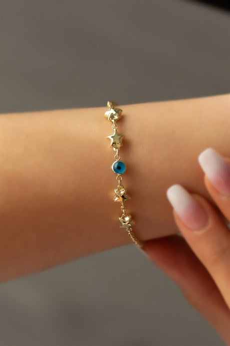 Solid Gold Star Evil Eye Bracelet | 14K (585) | 3.17 gr