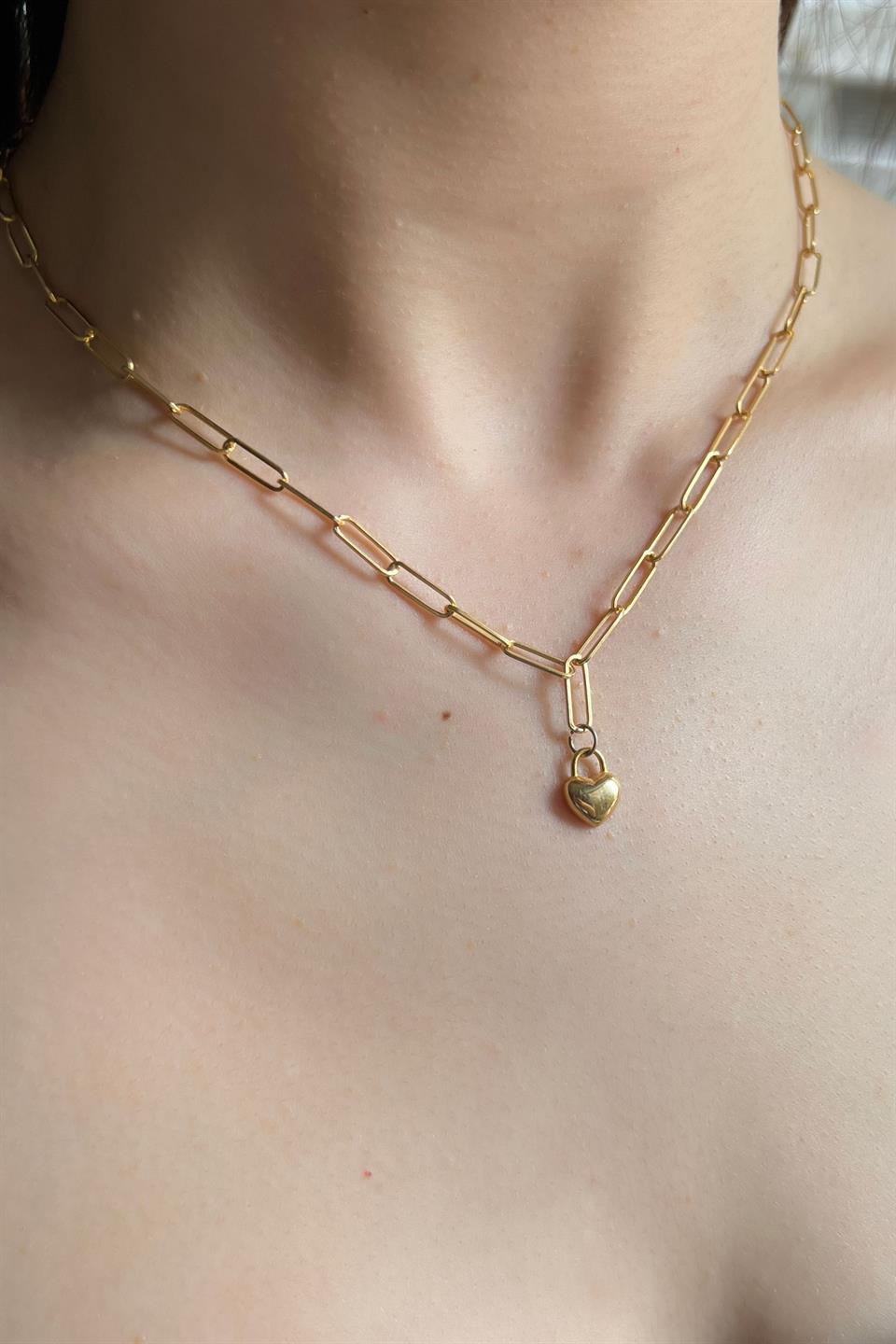 Silver Paper Clip Chain Minimal Heart Necklace