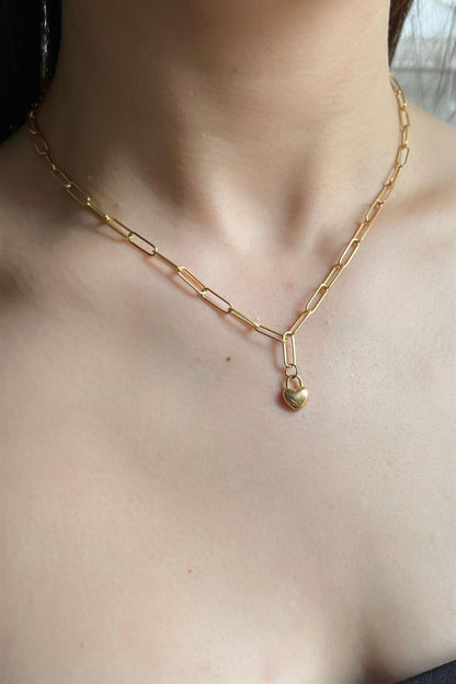 Silver Paper Clip Chain Minimal Heart Necklace