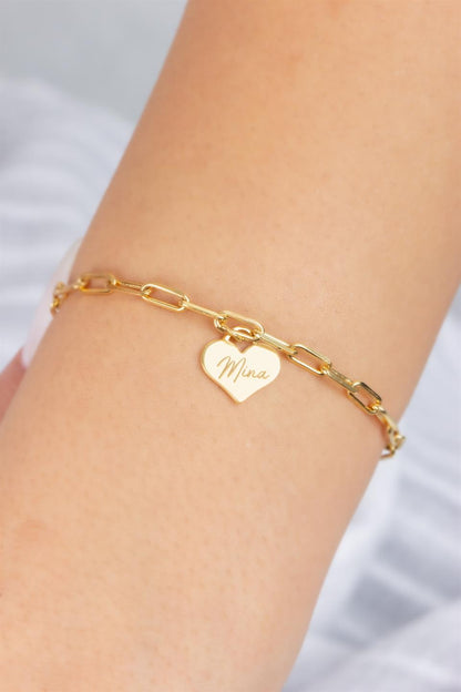 Silver Paper Clip Chain Heart Name Bracelet