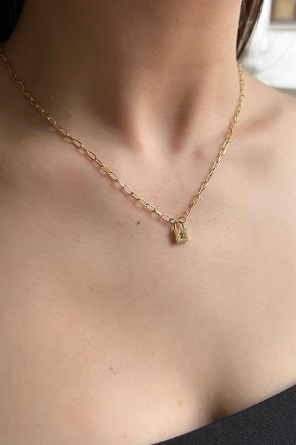 Silver Paper Clip Chain Lock Necklace