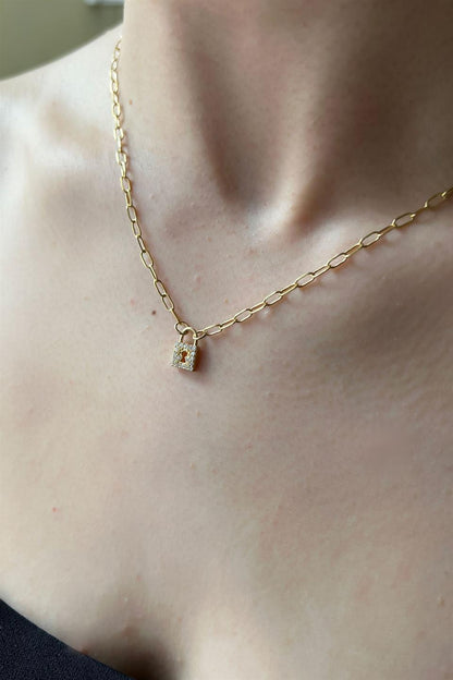 Silver Paper Clip Chain Lock Necklace