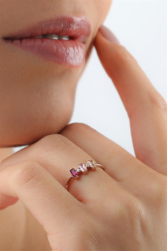 Silver Baguette Colorful Gemstone Minimal Ring