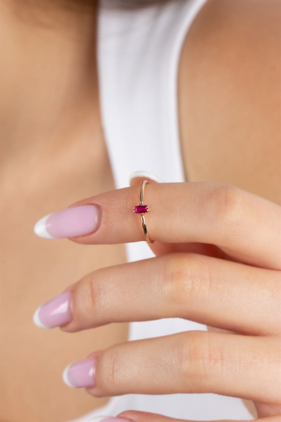 Silver Baguette Ruby Gemstone Minimal Ring