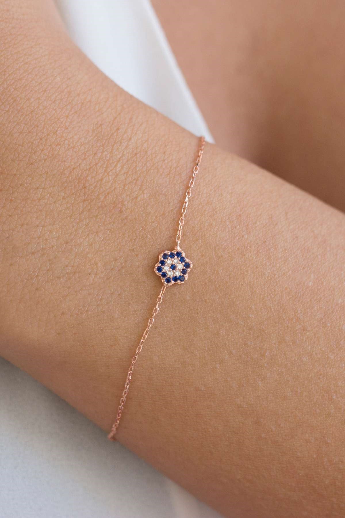 Silver Flower Evil Eye Bracelet