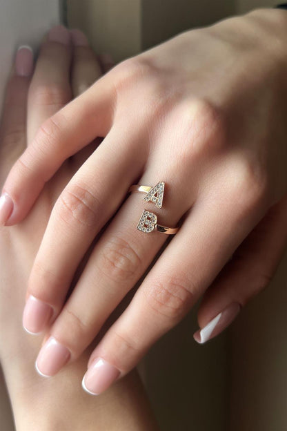 Silver Double Initial Hugging Letters Ring
