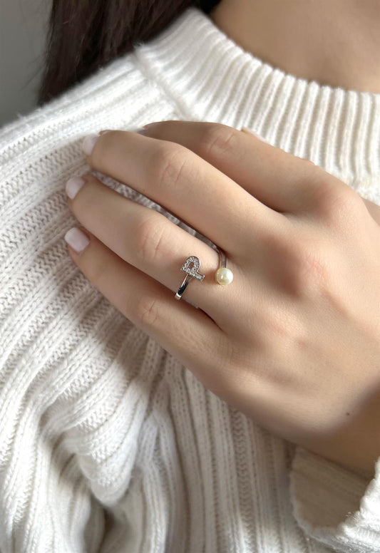 Silver Pearl Gemstone Initial Ring
