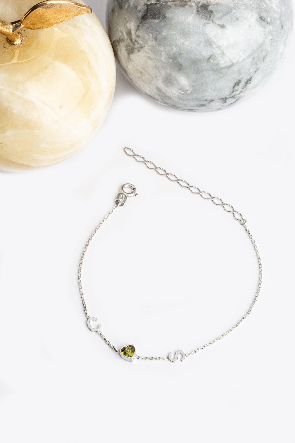 Silver Heart Gemstone Initial Bracelet