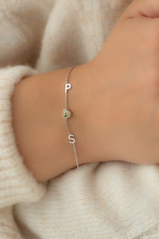 Silver Heart Gemstone Initial Bracelet